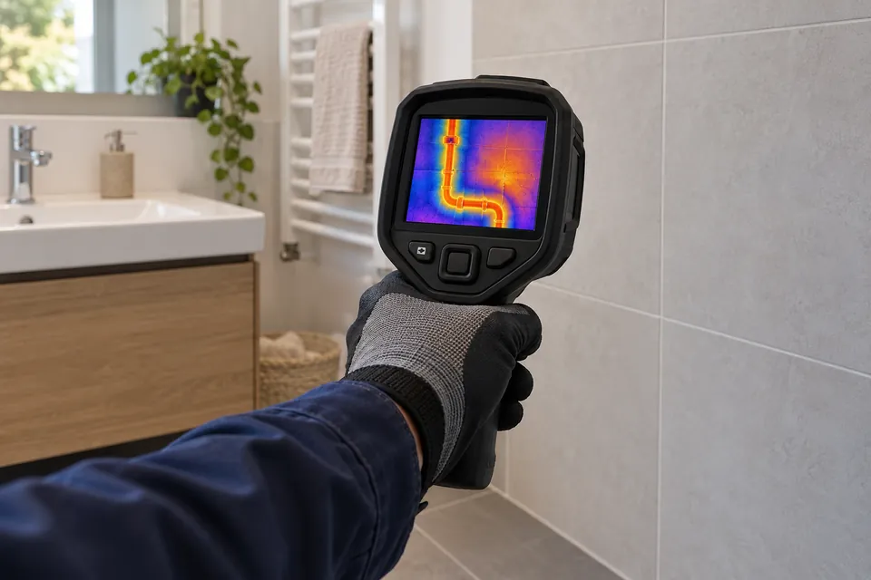 Termocamera rivolta verso una parete con una mappa termica illustrativa sul display