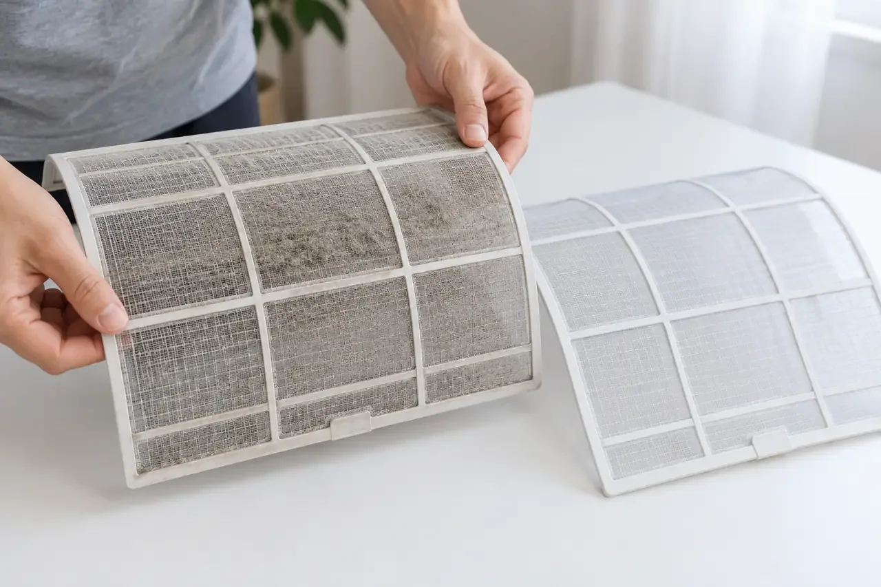 Confronto illustrativo tra filtro antipolvere sporco e filtro pulito di un climatizzatore