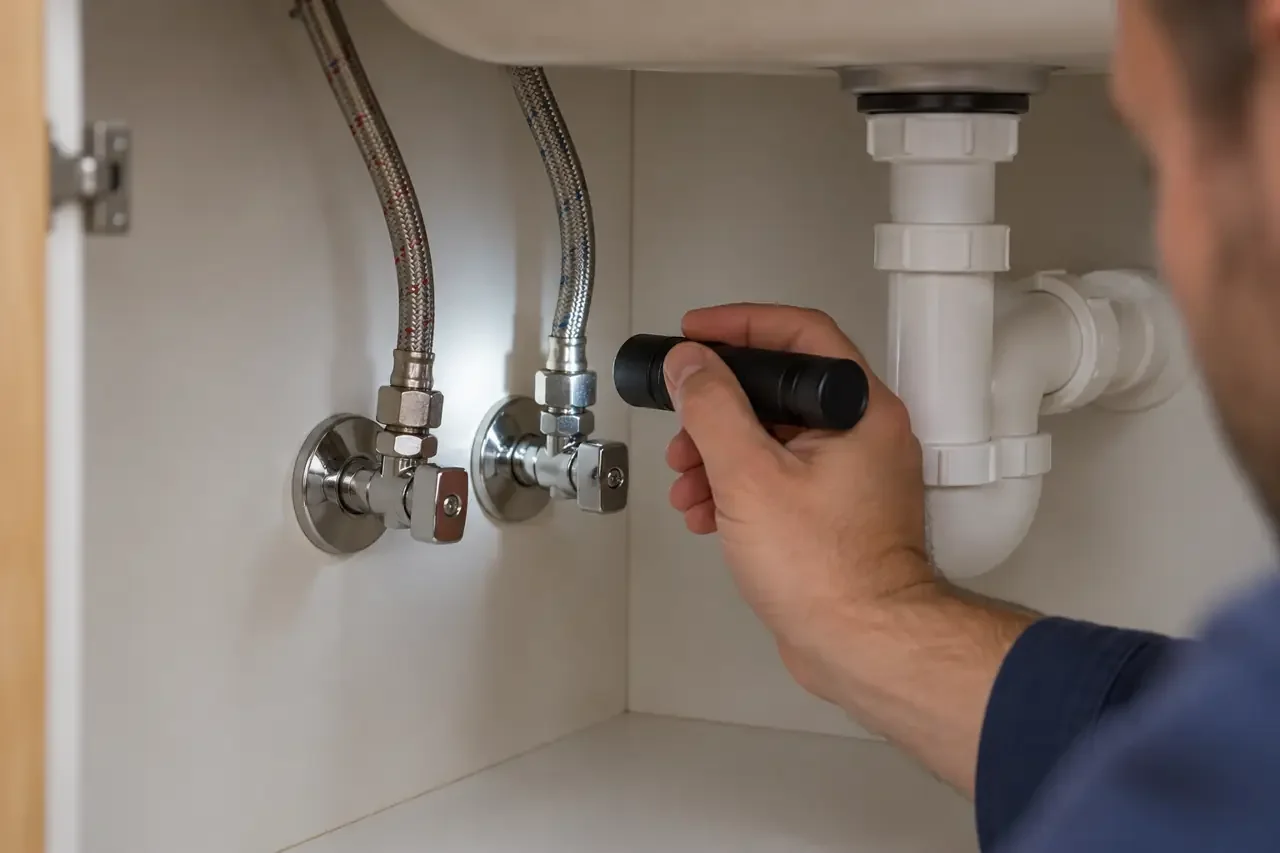 Controllo visivo dei flessibili e delle valvole di arresto sotto un lavabo