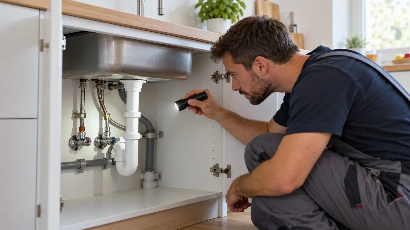 Tecnico che controlla i collegamenti idraulici accessibili sotto un lavello