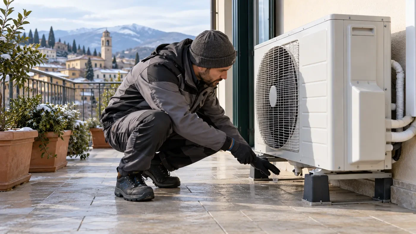 Tecnico che controlla il drenaggio di un’unità esterna del climatizzatore
