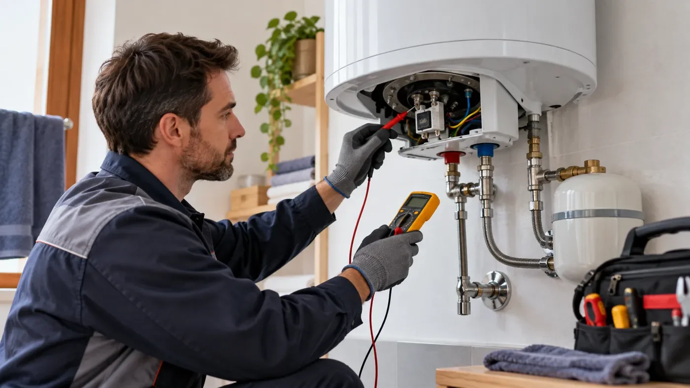 Tecnico qualificato che verifica uno scaldabagno elettrico in sicurezza